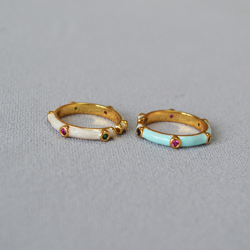 Japanese and Korean niche design handmade enamel colorful zirconia bamboo joint shape minimalist delicate exquisite open mouth ring with stacked bands