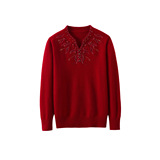 全羊毛烫钻羊毛衫女长袖打底衫v领妈妈装毛衣镶钻套头中老年上衣，女装针织衫/毛衣，妃慕昵服饰