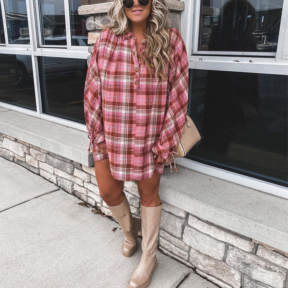 Plaid Print Long-Sleeved Lapel Loose Casual Shirt Dress NSKX109216