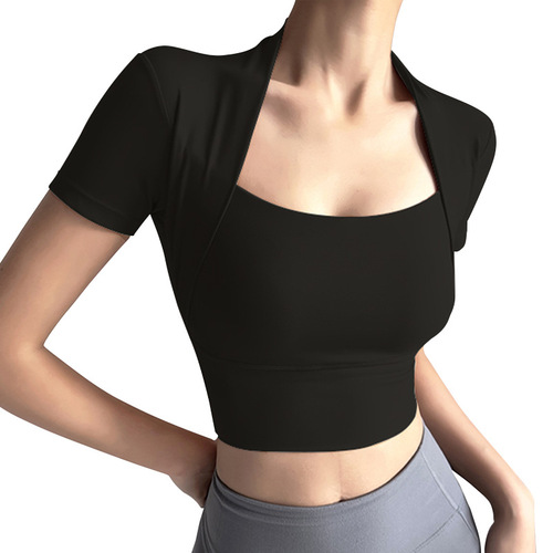 Women's 2-Piece Yoga Top with Detachable Bra Cup Running Fitness Slimming Sport Short Sleeve Training T-Shirt
