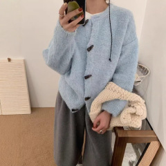 韩系圈圈纱毛衣外套女秋冬新款跨境慵懒风宽松复古牛角扣针织开衫