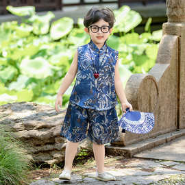 男童夏装新中式套装2025新款儿童夏季马甲短裤小男孩国风两件套潮