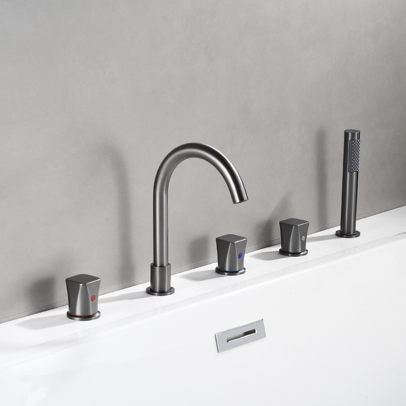 Brass Hot and Cold Bathtub Faucet with Embedded Mixing Valve, Gun Gray Five-Piece Set with Pull-Out Shower Head, Brushed Gold