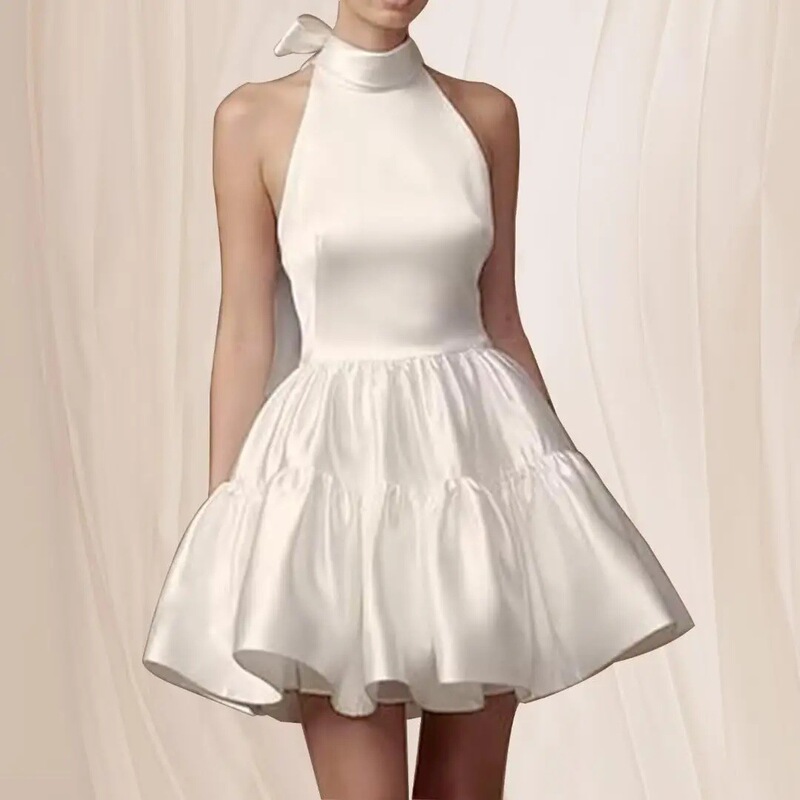 Aliexpress Foreign Trade Supply: Solid Color Satin Evening Dress, Short Slim-Fit Summer New Halter Neck Ball Gown, Elegant
