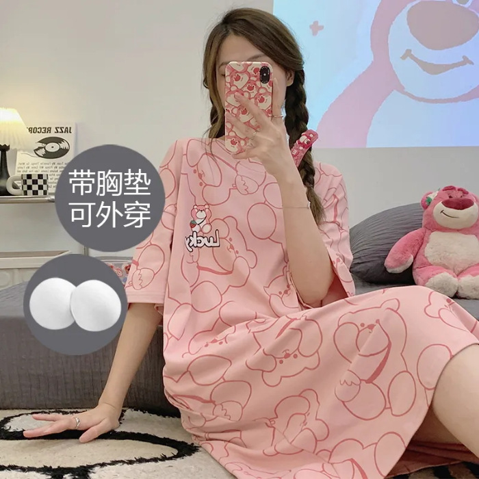 Pijama con cojín de pecho, vestido de algodón, vestido de pijama, dibujos animados dulces y lindos para aumentar la ropa para el hogar al por mayor.