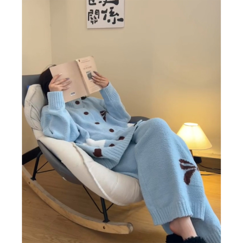可爱甜美针织半边绒睡衣女秋冬新款大码保暖开衫长裤家居服可外穿|undefined