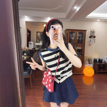 冰丝拼接牛仔无袖针织T恤女夏季薄款设计感洋气显瘦无袖短款上衣