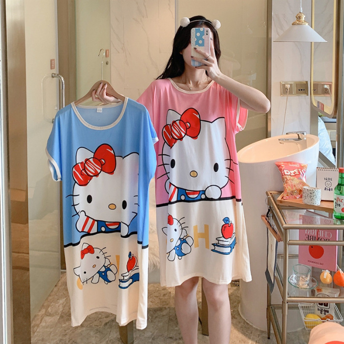 Camisón de las mujeres del verano Delgado manga corta nueva línea rojo estilo pijamas dibujos animados lindo señoras vestido flojo desgaste hogar