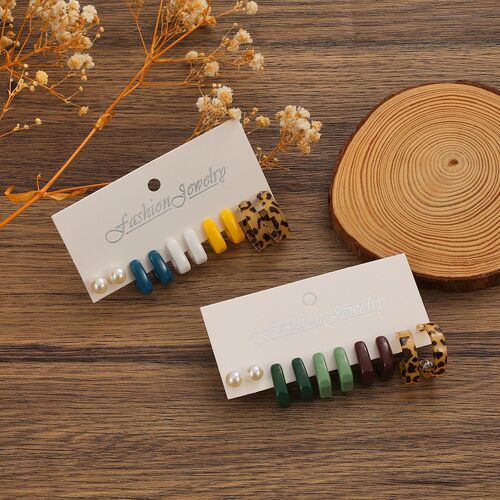 European and American style new retro square geometric earring set ins pearl resin leopard print earrings 5-piece set