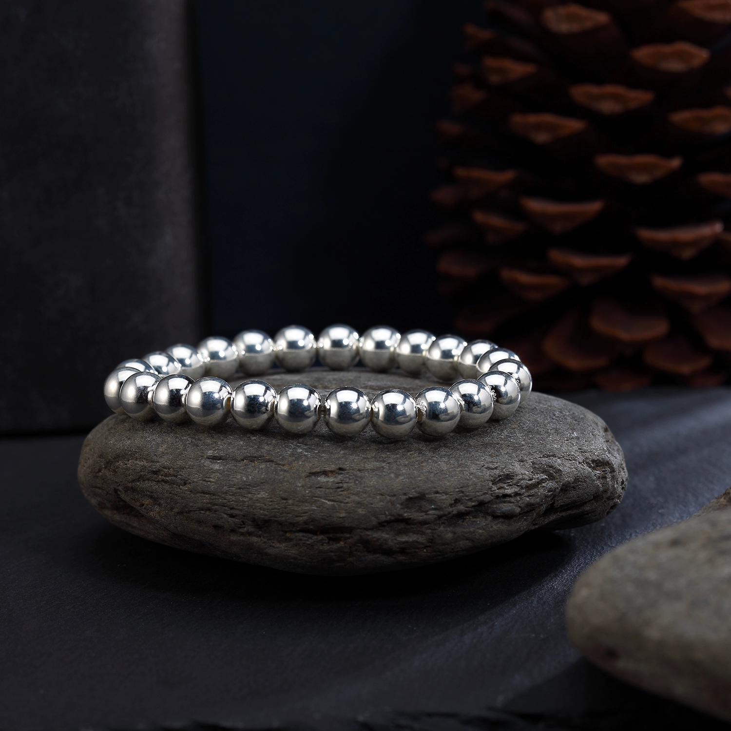 Браслет из чистого серебра 999 пробы с круглыми бусинами из цельного серебра, глянцевый стиль