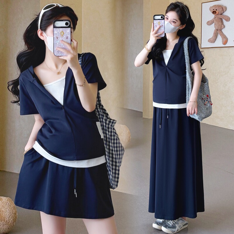 XMF plus-size women's clothing for plus-size girls, slimming maternity outfit, sporty style, faux two-piece hooded top, A-line skirt XMF plus-size women's clothing for plus-size girls, slimming maternity outfit, sporty style, faux two-piece hooded top, A-line skirt