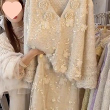 韩版设计感宽松慵懒风秋冬新款毛衣外套时尚毛衣开衫女外套裙套装