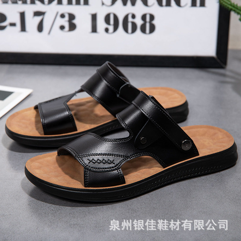 Dép sandal nam quai ngang hở ngón chất liệu da PU chống trơn thoáng khí — Nâu Đen, Nâu đậm, Đỏ rượu