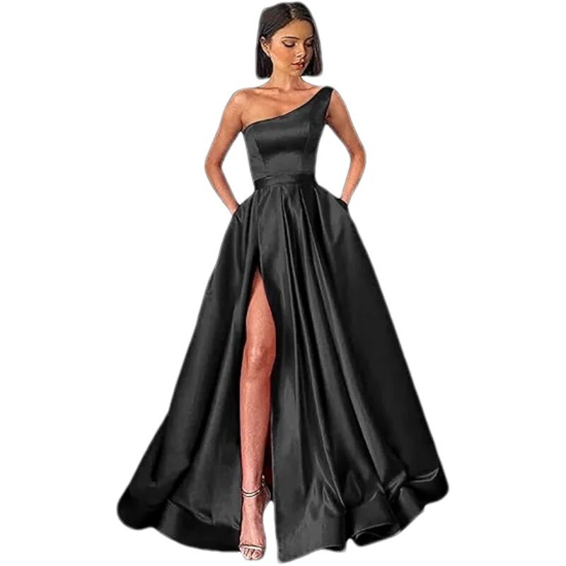 Women's One-Shoulder Ball Gown, Long Ball Gown with High Slit, Satin Fitted Evening Dress, Cross-Border Aliexpress Supply Women's One-Shoulder Ball Gown, Long Ball Gown with High Slit, Satin Fitted Evening Dress, Cross-Border Aliexpress Supply