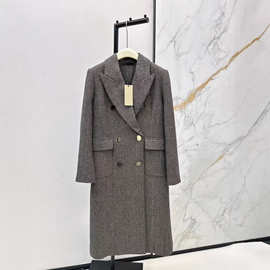 深圳南油26早春款法式气质双排扣翻领宽松长款毛呢人字纹西装外套