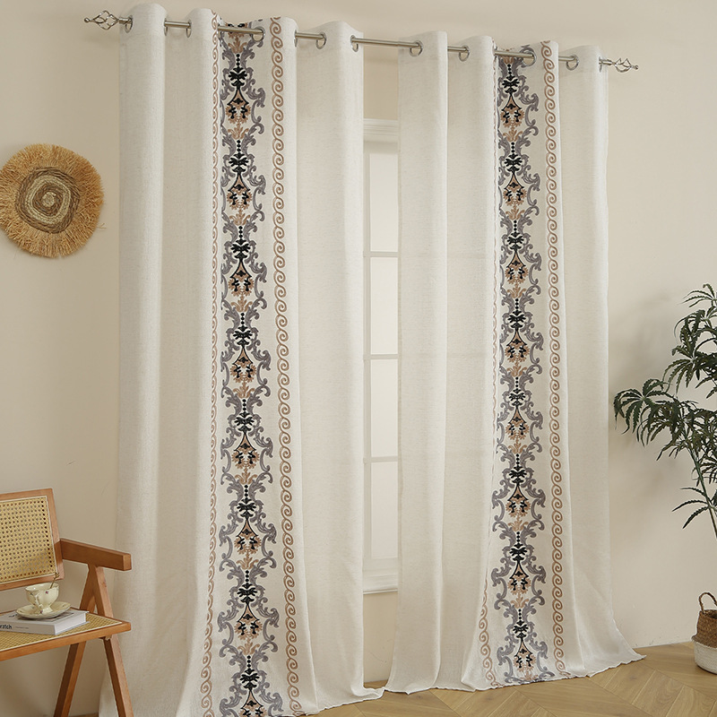 Linen Embroidered Curtains With Iron Rings For Living Room_voghion.com