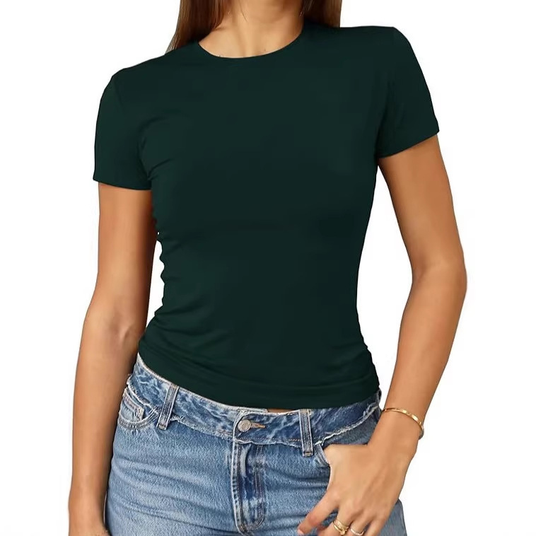 Summer Slim-Fit Short-Sleeve T-Shirt, Amazon Thin Breathable Stretchy Solid Color European and American Style Plus-Size Round-Neck Base Shirt for Women Summer Slim-Fit Short-Sleeve T-Shirt, Amazon Thin Breathable Stretchy Solid Color European and American Style Plus-Size Round-Neck Base Shirt for Women