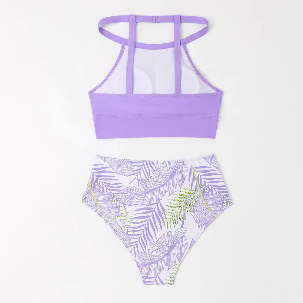 Women's Sexy High-Waisted Two-Piece Bikini Swimsuit High Neck Tie-Detail Abstract Print Polyester Nylon Regular Fit For Spring/Summer_ecoleips.com