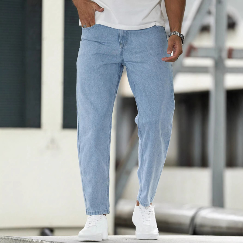 2026 European and American Cross-Border Trade Light Blue Tapered Slim-Fit Men's Jeans Casual Fashion Street Trend