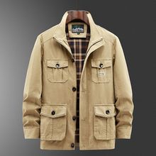 春秋款立领工装夹克男士外套多口袋纯中年人上衣中老年男装