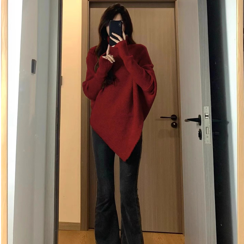 Irregular turtleneck sweater for women 2023 autumn and winter New elegant gentle Korean style New Year red lazy style thickened Irregular turtleneck sweater for women 2023 autumn and winter New elegant gentle Korean style New Year red lazy style thickened