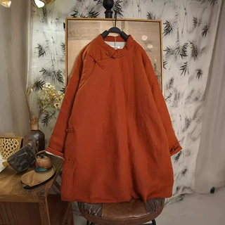 秋冬橘色 砂洗亚麻棉服斜襟立领盘扣文艺复古外套325007