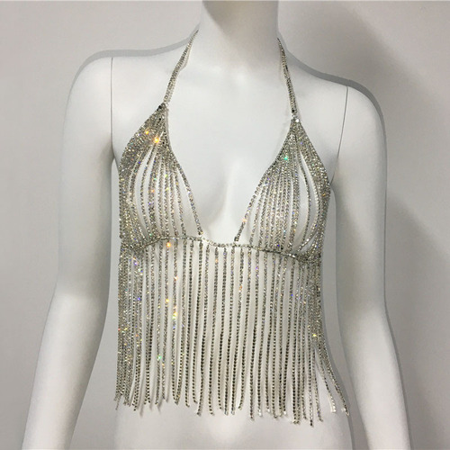 Women Gold silver Crystal jazz belly dance fringed bra tops carnival masquerade party bling Vest Rhinestone Tassel Sling top singers nightclub prom party Diamond Chest Chain 