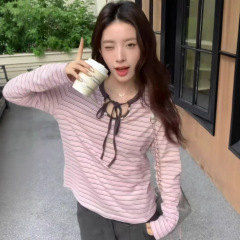 韩系粉色慵懒风条纹长袖t恤女秋季感chic修身内搭打底衫上衣2025