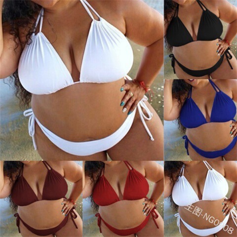 Q007 Summer Women's Cool and Refreshing Solid Color Plus Size Halter Neck Two-Piece Swimsuit Set with Straps Sexy Bikini