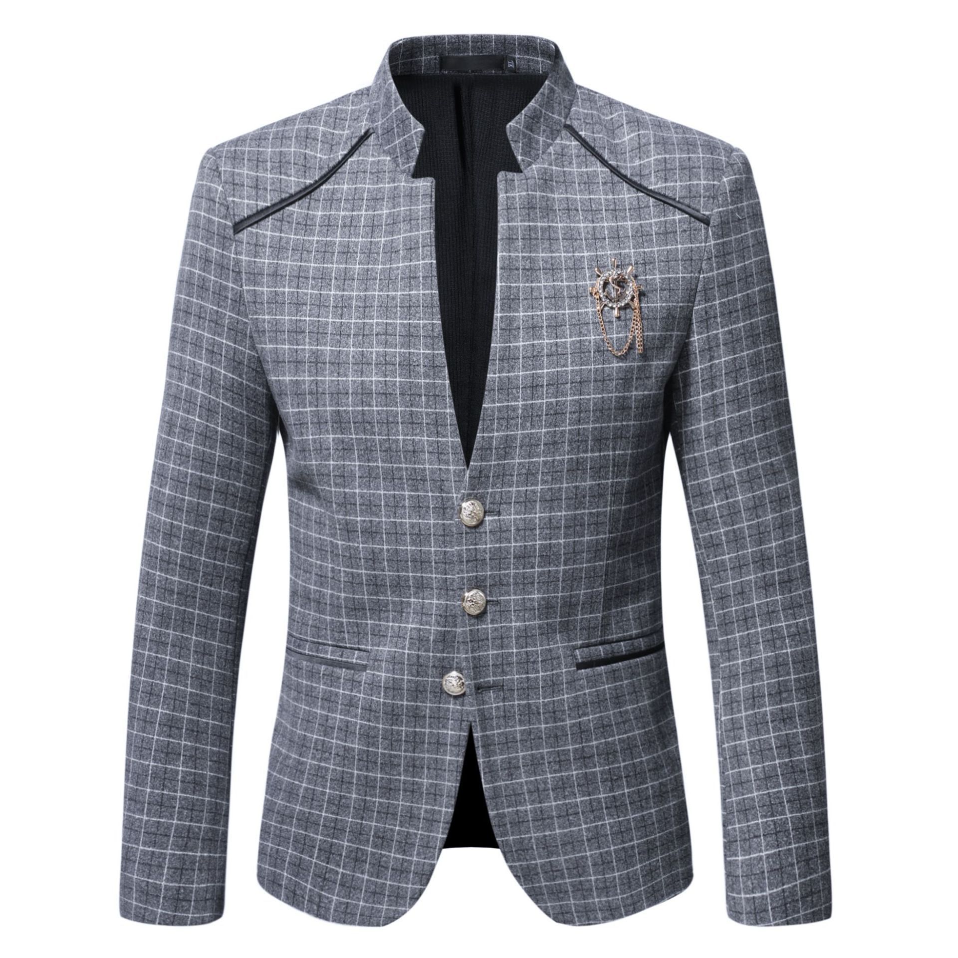 秋冬新款 男士休闲修身毛呢英伦格子西服外套小西装男厚款