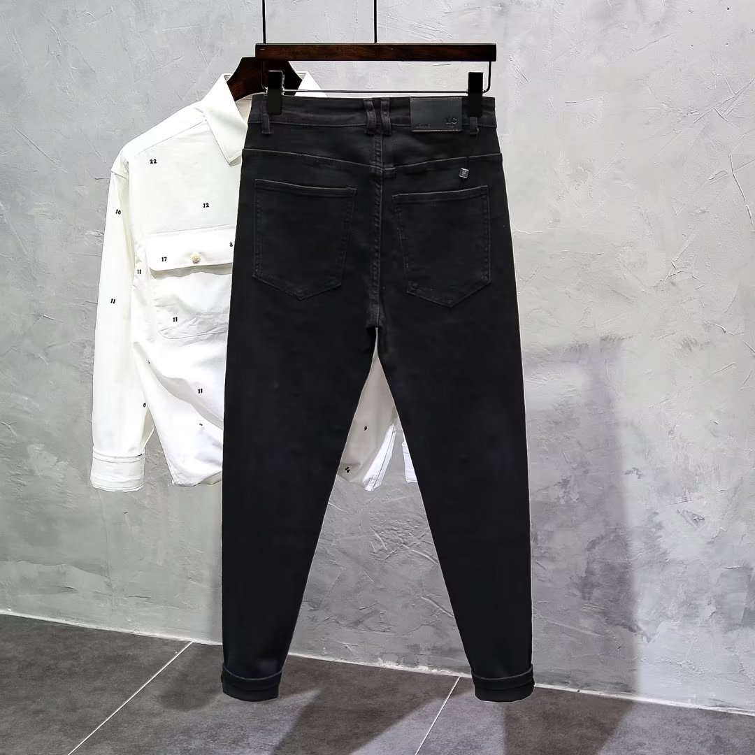 Schwarze Jeans, Trendmarke für Herren, High-End-Heavy-Industrial-Hot-Diamond-Slim-Fit, Herbst-High-Street-elastische Jeanshose_voghion.com