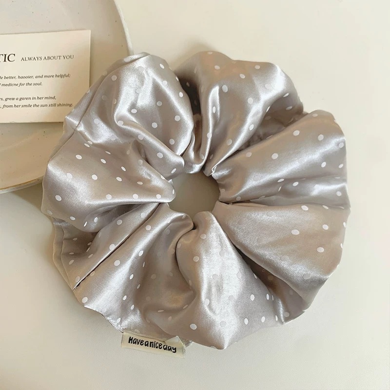 22# silver gray polka dot satin large intestine hair tie about 16cm