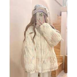 多巴胺甜酷辣妹条纹羽绒服女冬新款小个子立领复古保暖外套面包服