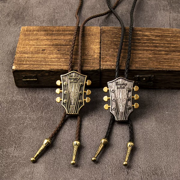 Retro Guitar Head-Shaped Bolo Tie for Men, Woven Neck Rope, Western Cowboy Style Metal Pendant Accessory