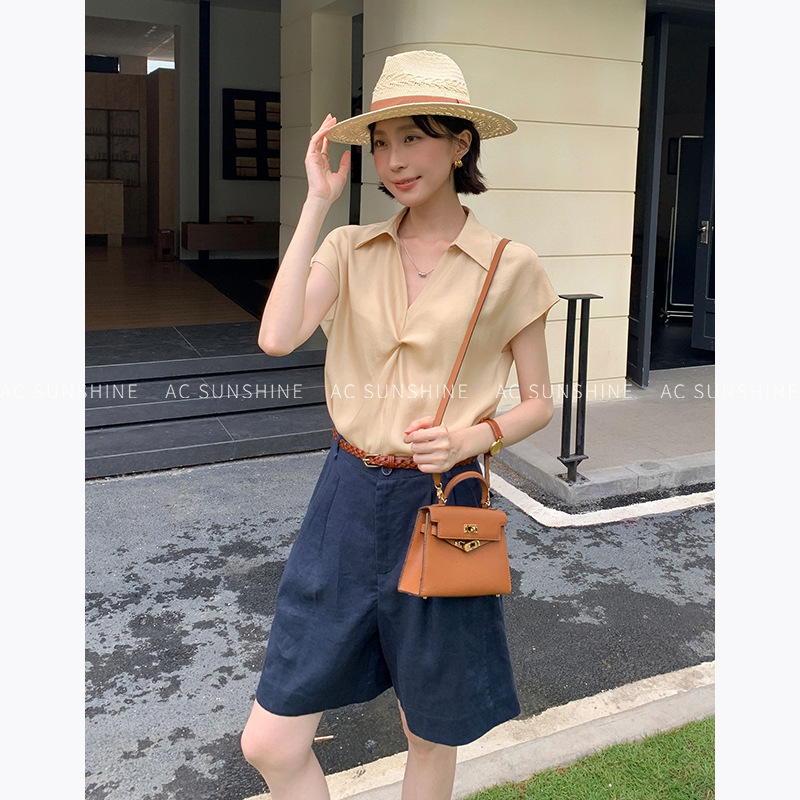 Ac Sunshine Simple Pullover Shirt with Twist Design and Silk-Like Short-Sleeve Top for Women Summer 19633 Ac Sunshine Simple Pullover Shirt with Twist Design and Silk-Like Short-Sleeve Top for Women Summer 19633