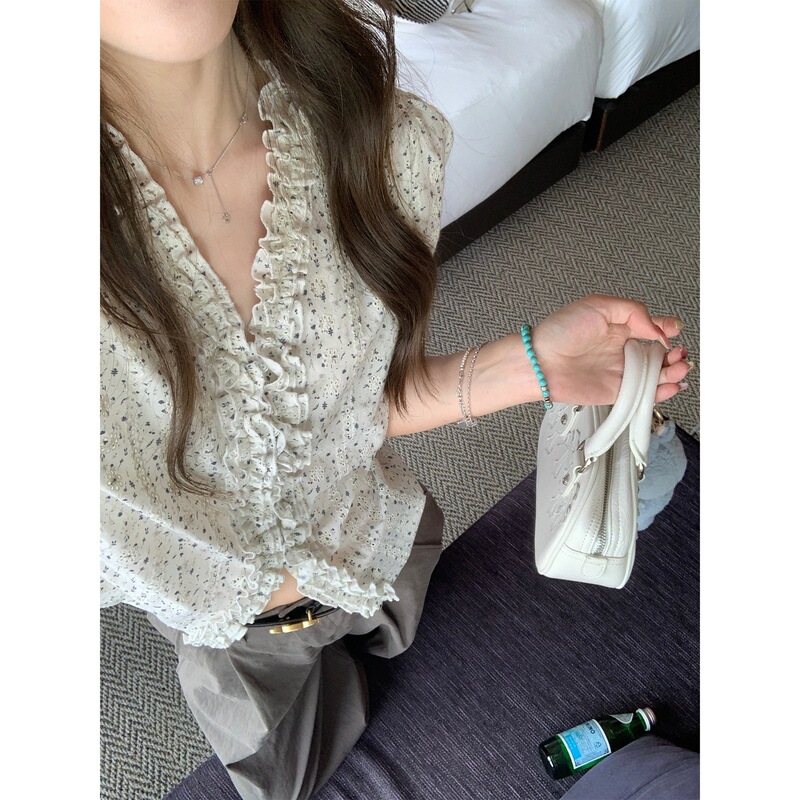 Ashenon Zurich Xia Original Printed Water-Soluble Shirt Women's V Neck Slim Short Casual Top Summer