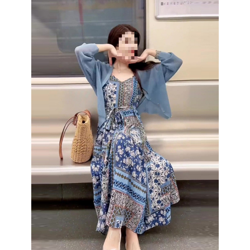 蓝色针织衫茶歇法式连衣裙今年流行漂亮套装长裙百搭女小个子时尚|undefined