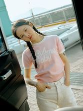 现货韩国女装夏季新款字母图案撞色圆领针织衫短袖恤