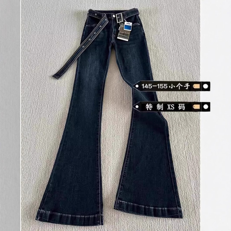 150cm Small dark blue Micro-flared Jeans Women's Spring New Mid-waist Elastic Slim-fit Horseshoe Trousers