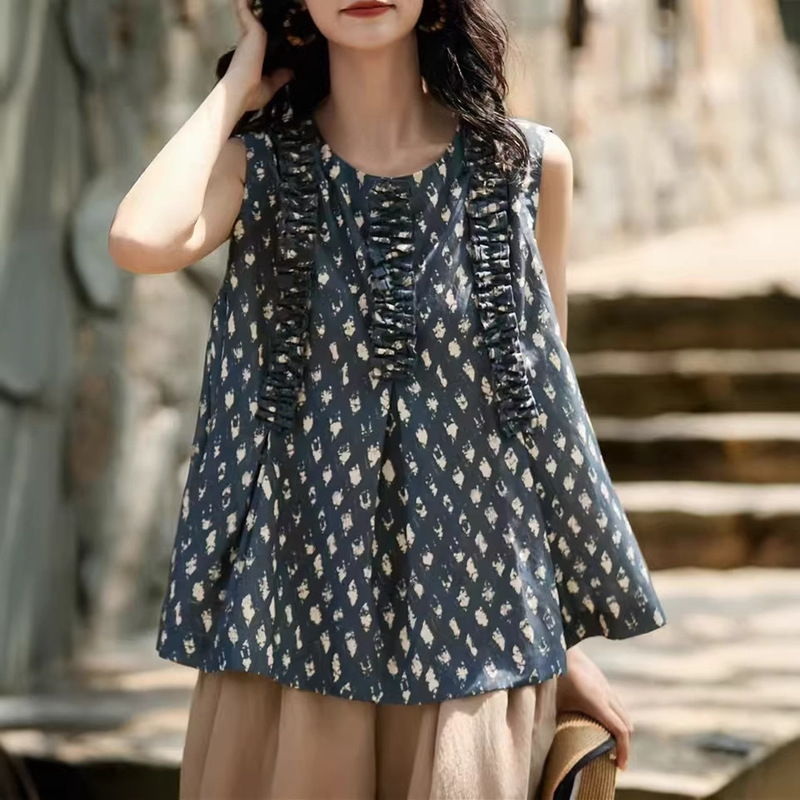 2026 New Style Xinjiang Cotton Sleeveless Top with Ruffled Edges, Breathable and Not Stuffy, Vintage Lazy Style, Slimming and Age-Reducing Blouse