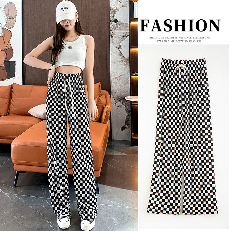Checkerboard Wide-Leg Pants for Women 2025 Spring & Fall Plaid New High-Waist Draped Loose Slim Casual Straight-Leg Pants