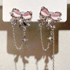 2023新款无耳洞粉色蝴蝶结不对称流苏小众设计独特甜美耳夹耳饰