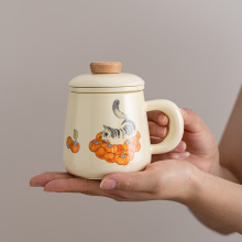 橘猫奶油陶瓷马克杯带盖过滤茶杯个人专用办公室茶水分离杯泡茶杯