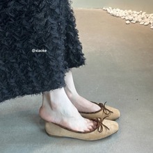 法式平底芭蕾舞鞋通勤单鞋女鞋子2025春秋季复古绒面蝴蝶结晚晚鞋