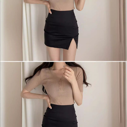  New Black Bodycon Mini Skirt Summer High-Waisted Super Hot Bodycon Skirt with Slit OL Short Skirt Sexy Short Skirt