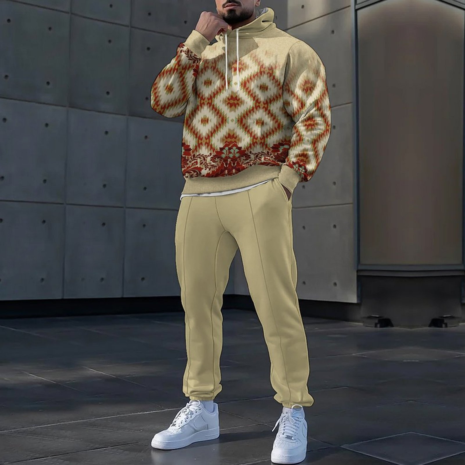 Otoño nuevo estilo de los hombres colorido color de contraste estilo de diseño estilo popular cordón suéter con capucha pantalones MC11-ML1