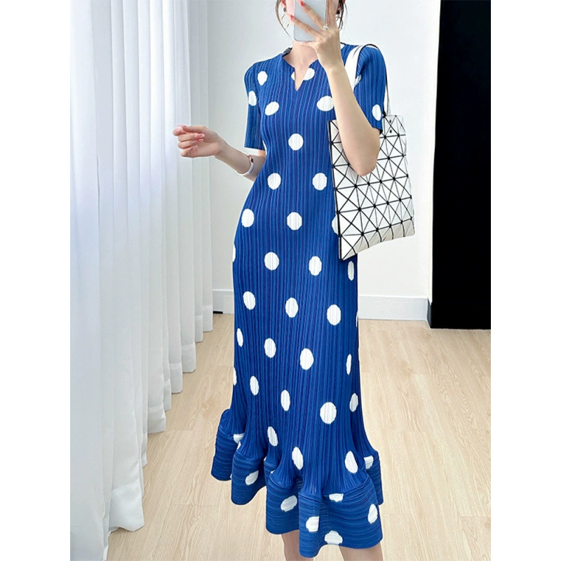 Платье Miyake женское с принтом в горошек, элегантная высококачественная свободная тонкая элегантная летняя плиссированная юбка трапециевидной формы с короткими рукавами