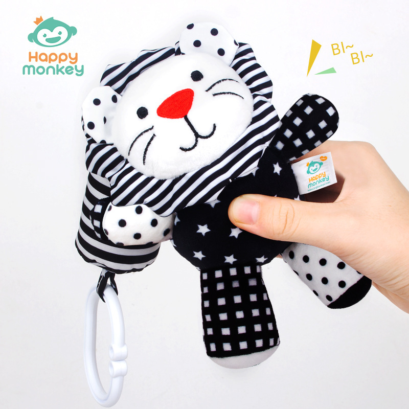 Campana de viento de mono feliz recién nacido en blanco y negro, juguete de educación temprana para bebé, sonajero de animal, adorno colgante para cuna.
