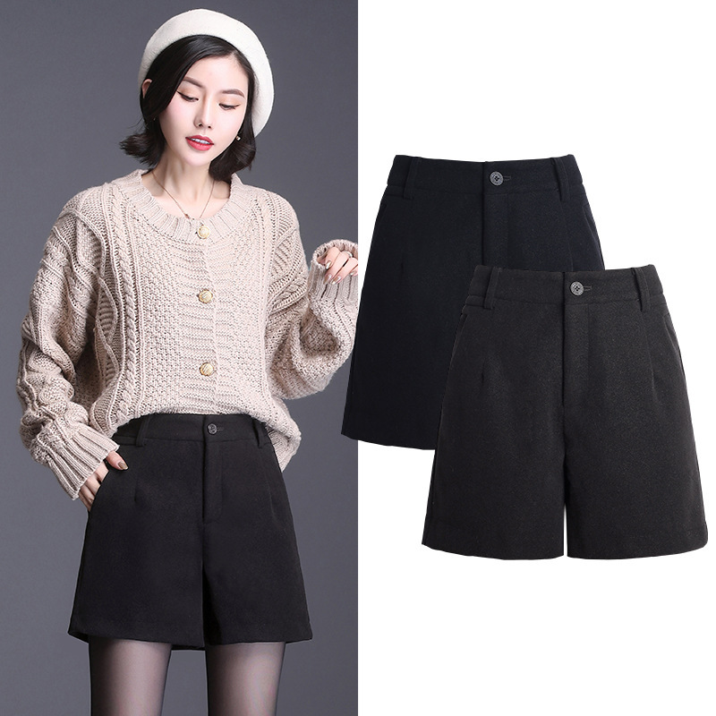 Cross-border Supply Woolen Shorts Women's Autumn and Winter High Waist Large Size Fat Girl's Casual Straight Pants Loose Slimming Outwear Pants