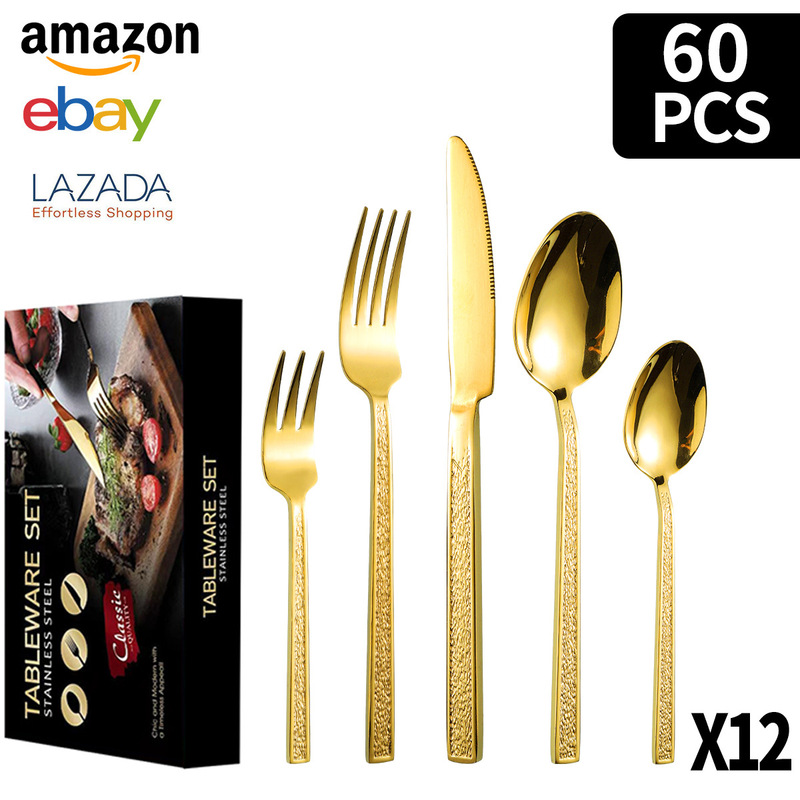 クロスボーダーステンレス食器角ハンドル石模様20/30/40/60ピースセットチタンメッキ洋食器ステーキナイフ、フォーク、スプーン|undefined
